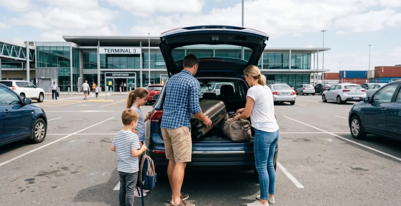 Vista posteriore di una famiglia che sistema bagagli e attrezzature nel bagagliaio di un SUV presso il parcheggio del terminal marittimo