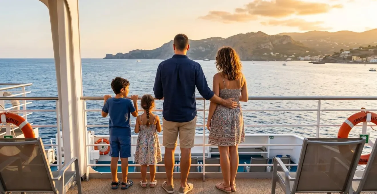 Una giovane famiglia con due bambini vista di spalle sul ponte di un traghetto moderno, ammira il mare Mediterraneo e la costa di un'isola all'orizzonte durante l'ora dorata