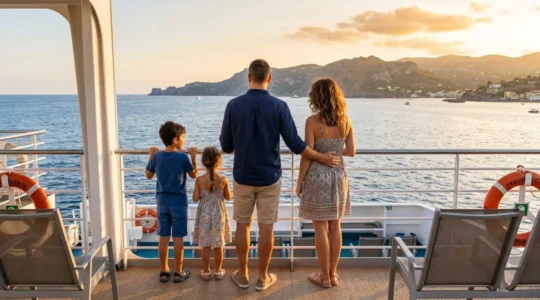 Una giovane famiglia con due bambini vista di spalle sul ponte di un traghetto moderno, ammira il mare Mediterraneo e la costa di un'isola all'orizzonte durante l'ora dorata