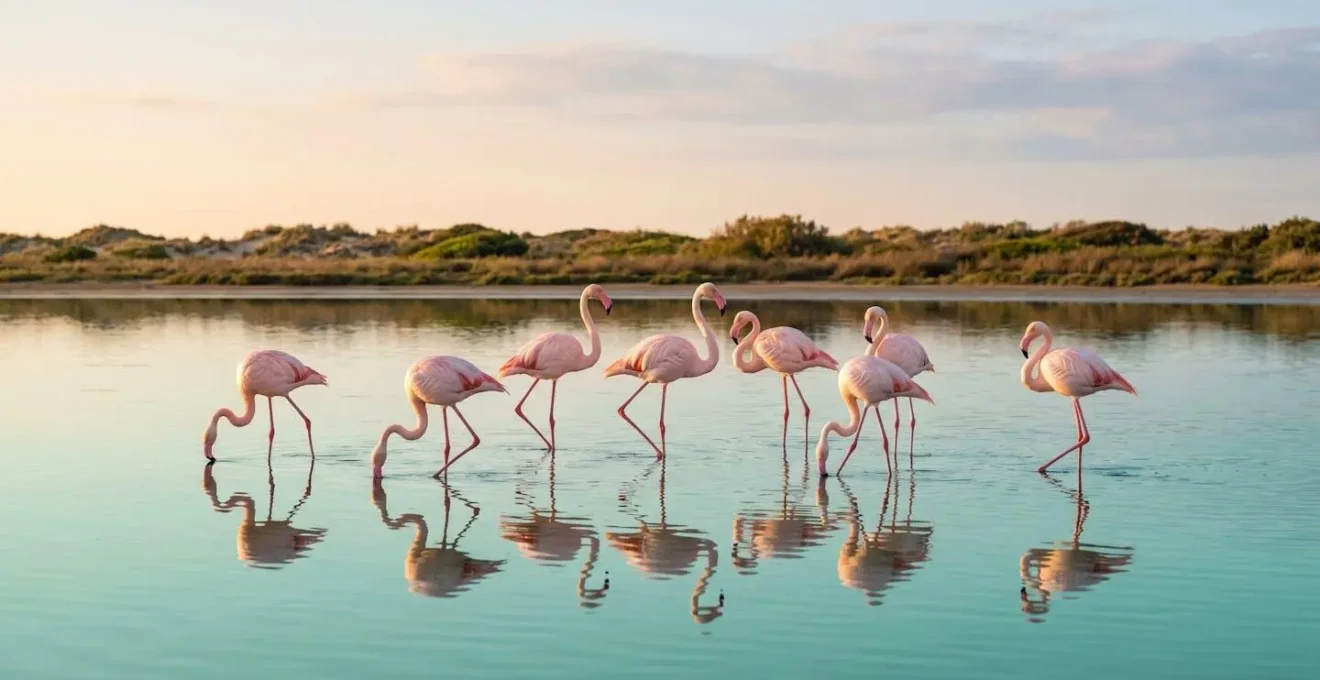 Stormo di fenicotteri rosa in una laguna costiera italiana al tramonto