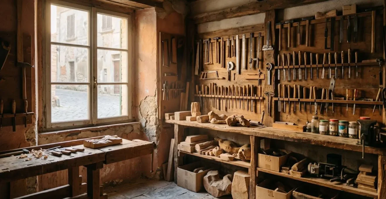 Luce naturale del mattino che filtra attraverso la finestra di una bottega artigiana italiana, illuminando gli strumenti di lavoro tradizionali