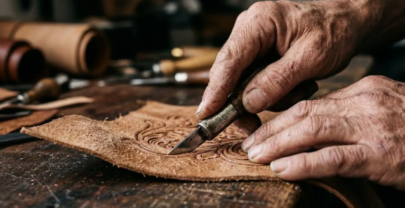 Dettaglio macro delle mani esperte di un artigiano italiano al lavoro su un manufatto tradizionale