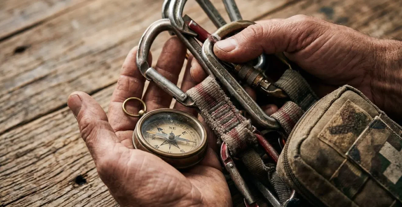 Primo piano delle mani di una guida escursionistica che mostra certificazioni professionali e dispositivi di sicurezza durante briefing pre-trekking
