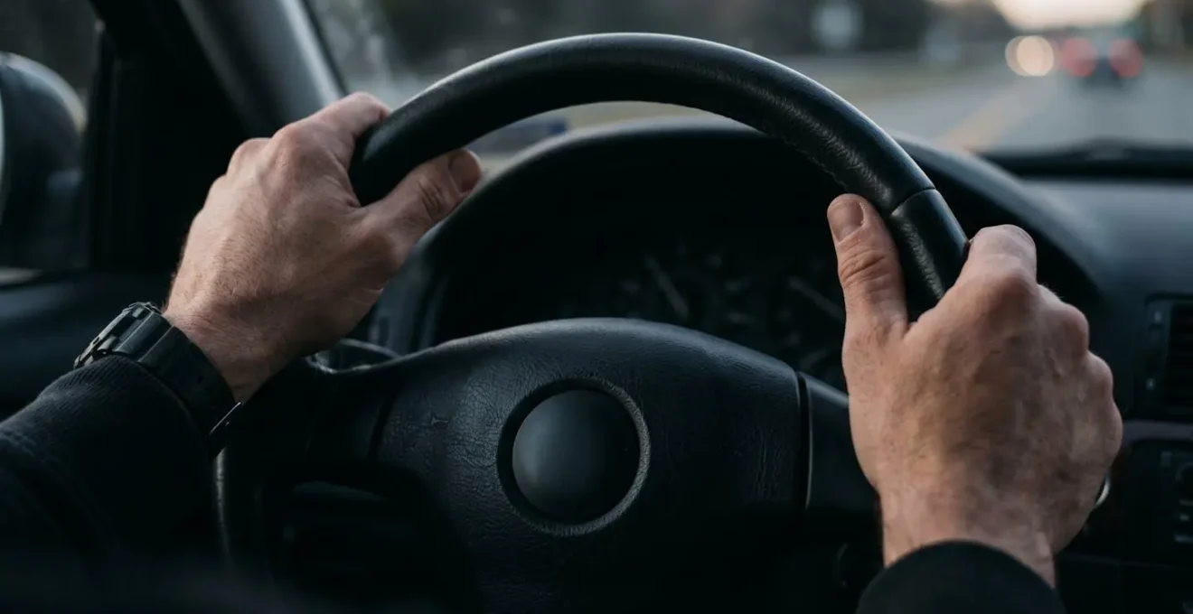 Primo piano delle mani di un conducente che tengono saldamente il volante durante la guida