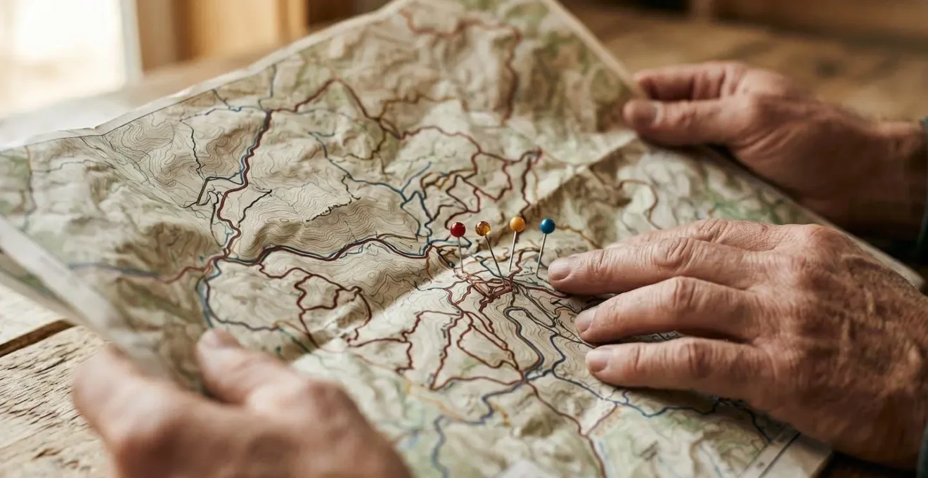 Mani che tengono una mappa stradale aperta con segnalini colorati che indicano punti strategici