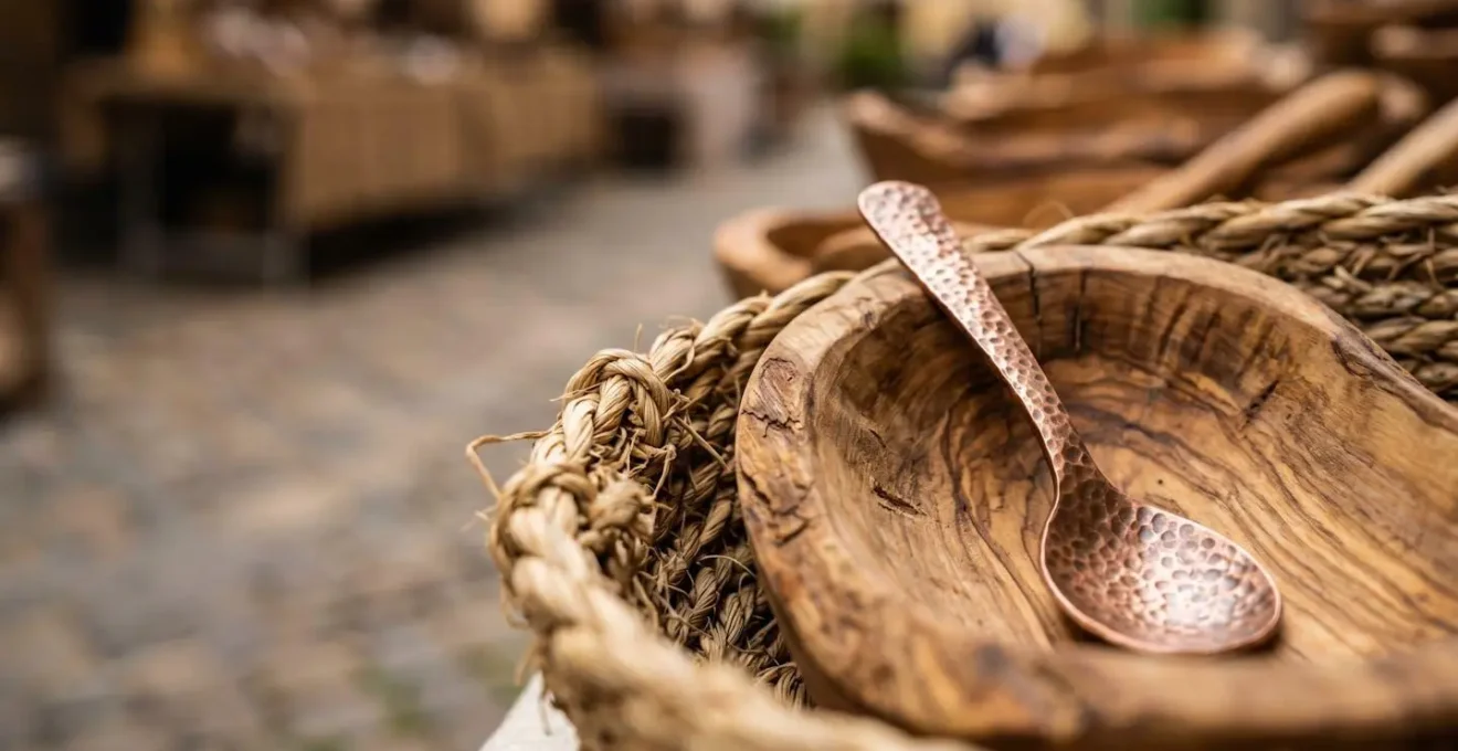 Dettaglio macro di prodotti artigianali autentici in un mercato di borgo italiano