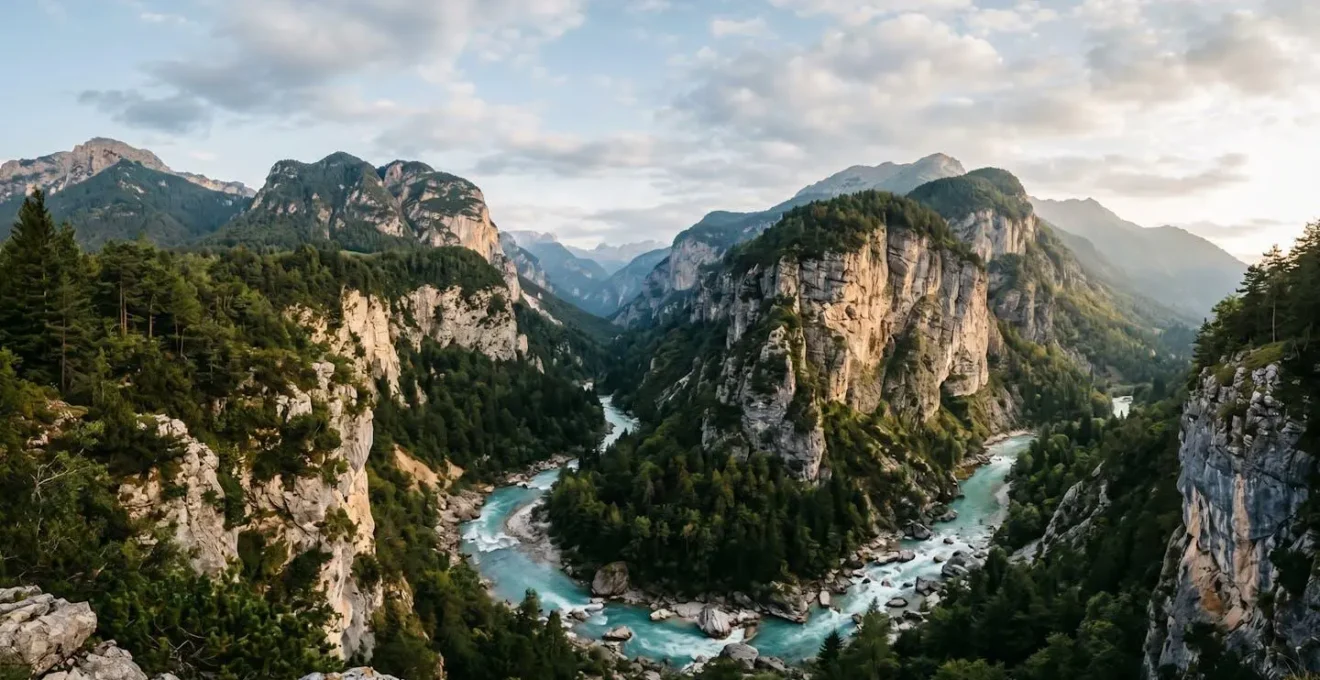 Vista panoramica di un fiume da rafting che scorre attraverso una gola montana circondata da vegetazione rigogliosa e pareti rocciose