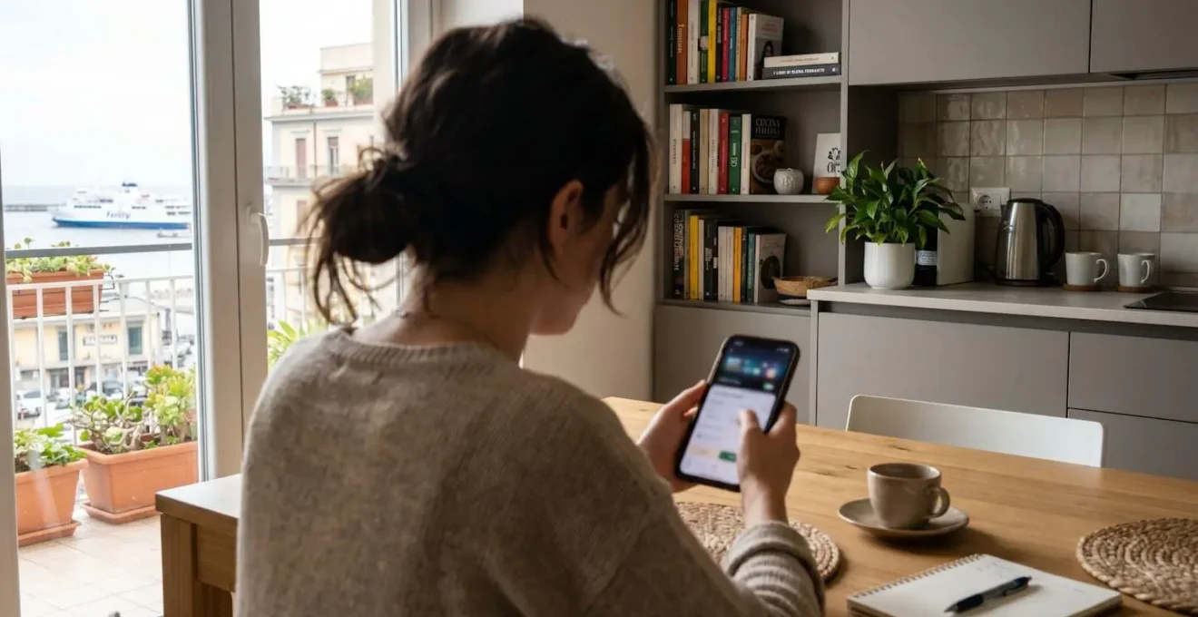 Una donna vista di spalle seduta a un tavolo di casa consulta il suo smartphone con lo schermo leggermente sfocato, luce naturale dalla finestra
