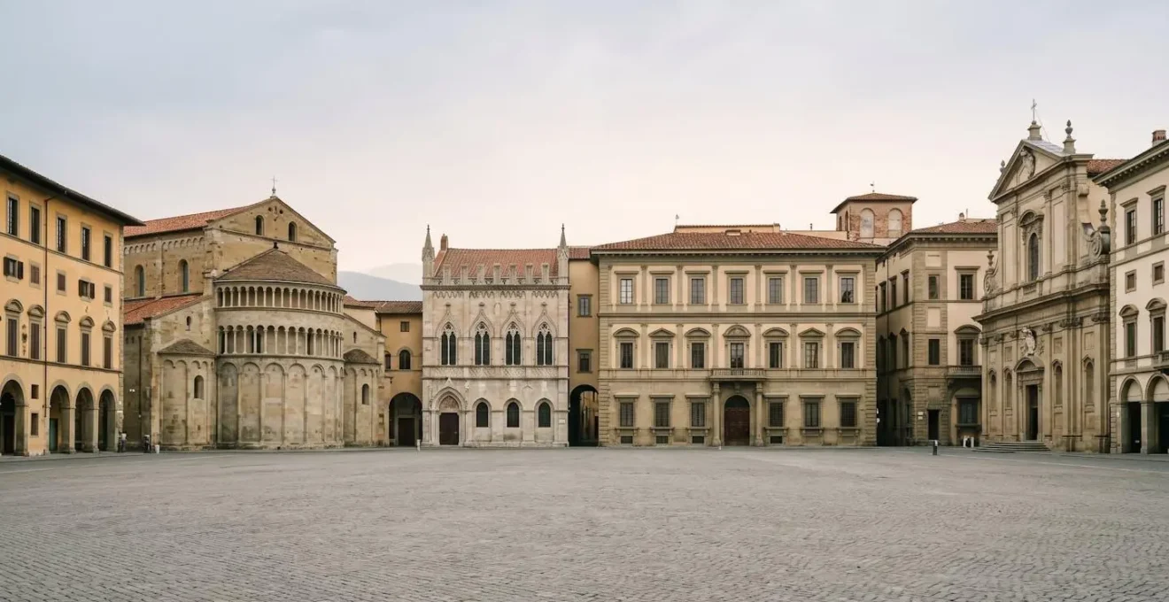 Vista ampia di una piazza storica italiana che mostra la coesistenza di diversi stili architettonici