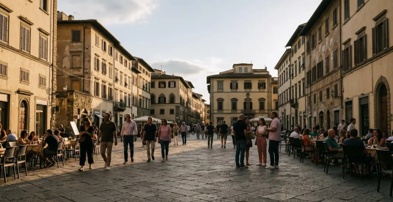 Una piazza urbana italiana durante l'ora della passeggiata serale con persone che socializzano