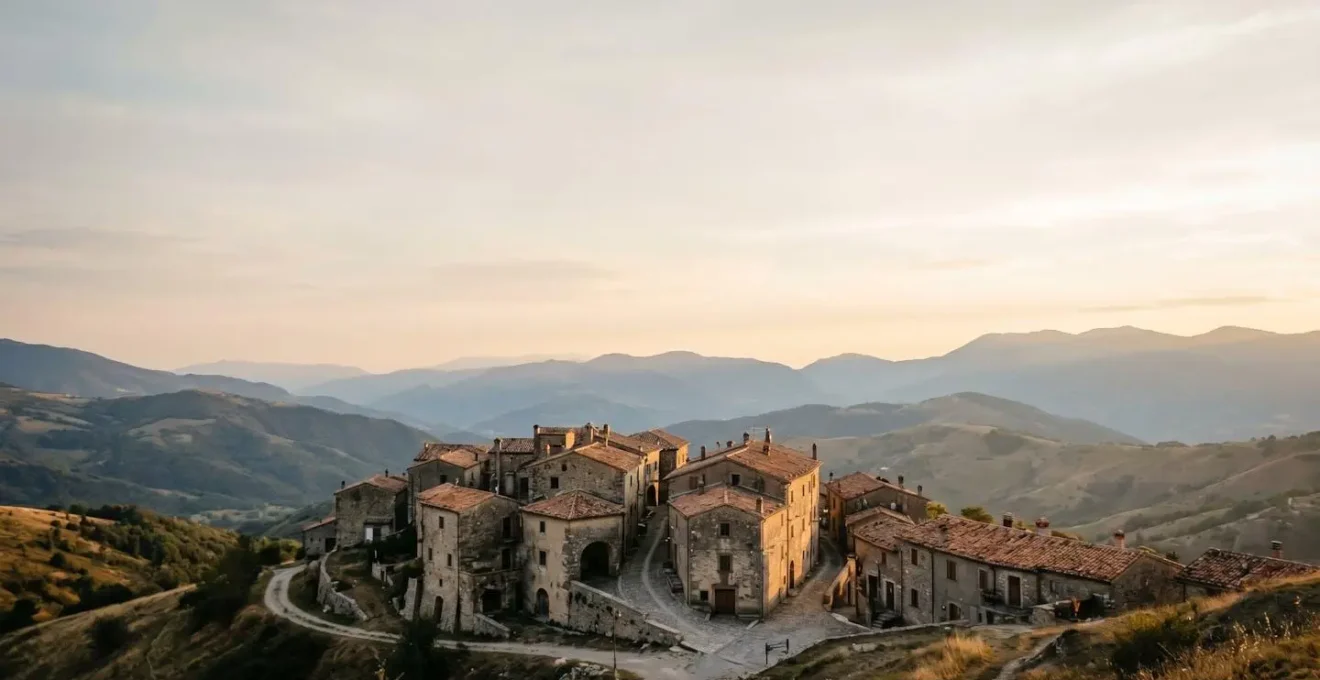 Veduta panoramica di un antico borgo montano italiano tra le colline
