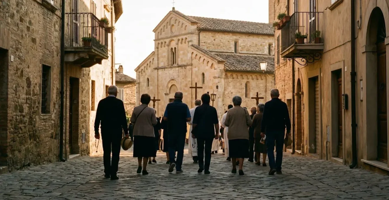 Momento di riflessione silenziosa durante una processione tradizionale italiana