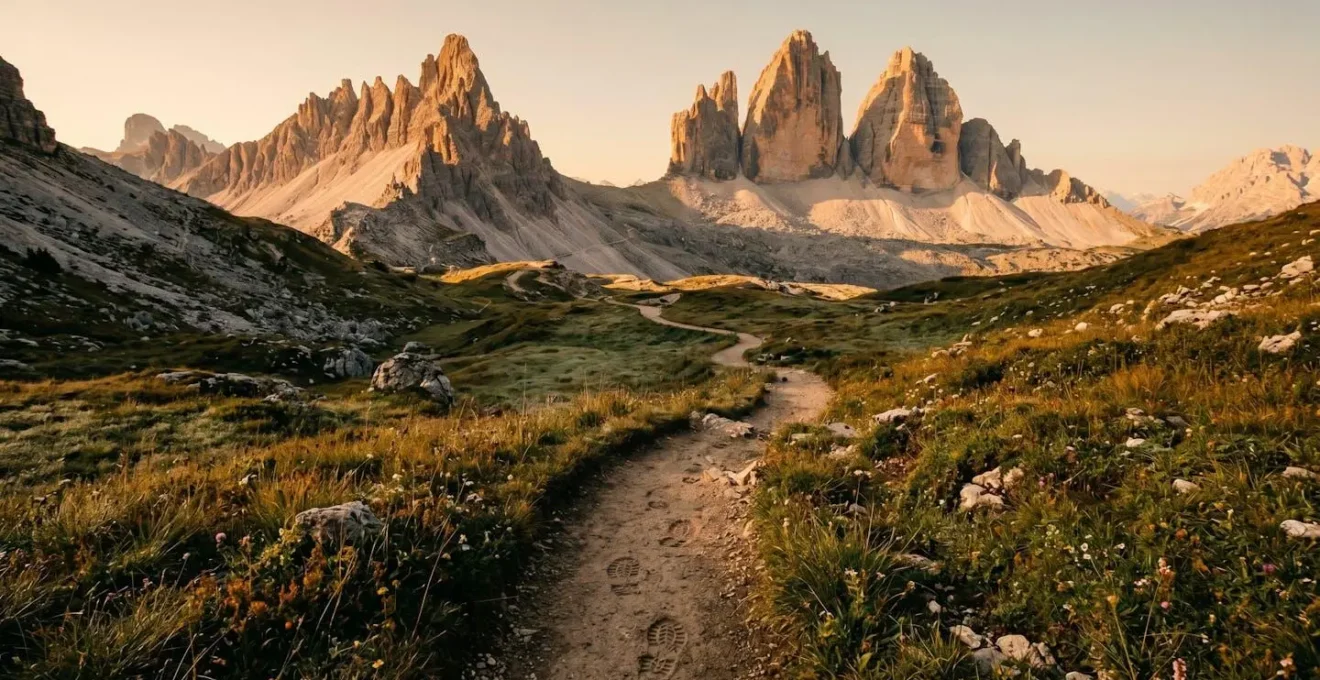 Sentiero dolomitico solitario all'alba con luce dorata e assenza di altri escursionisti, simbolo di esperienza autentica fuori stagione