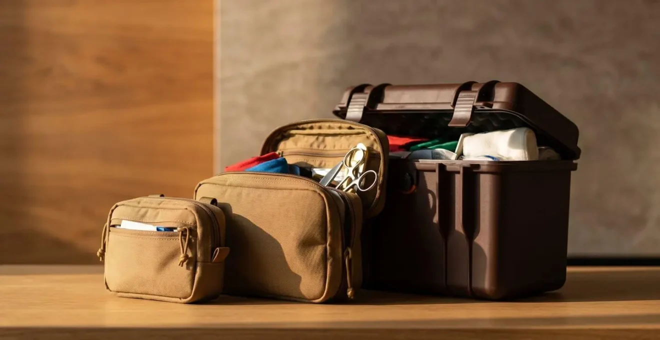 Sistema modulare a matrioska per kit di primo soccorso da viaggio con tre livelli di organizzazione