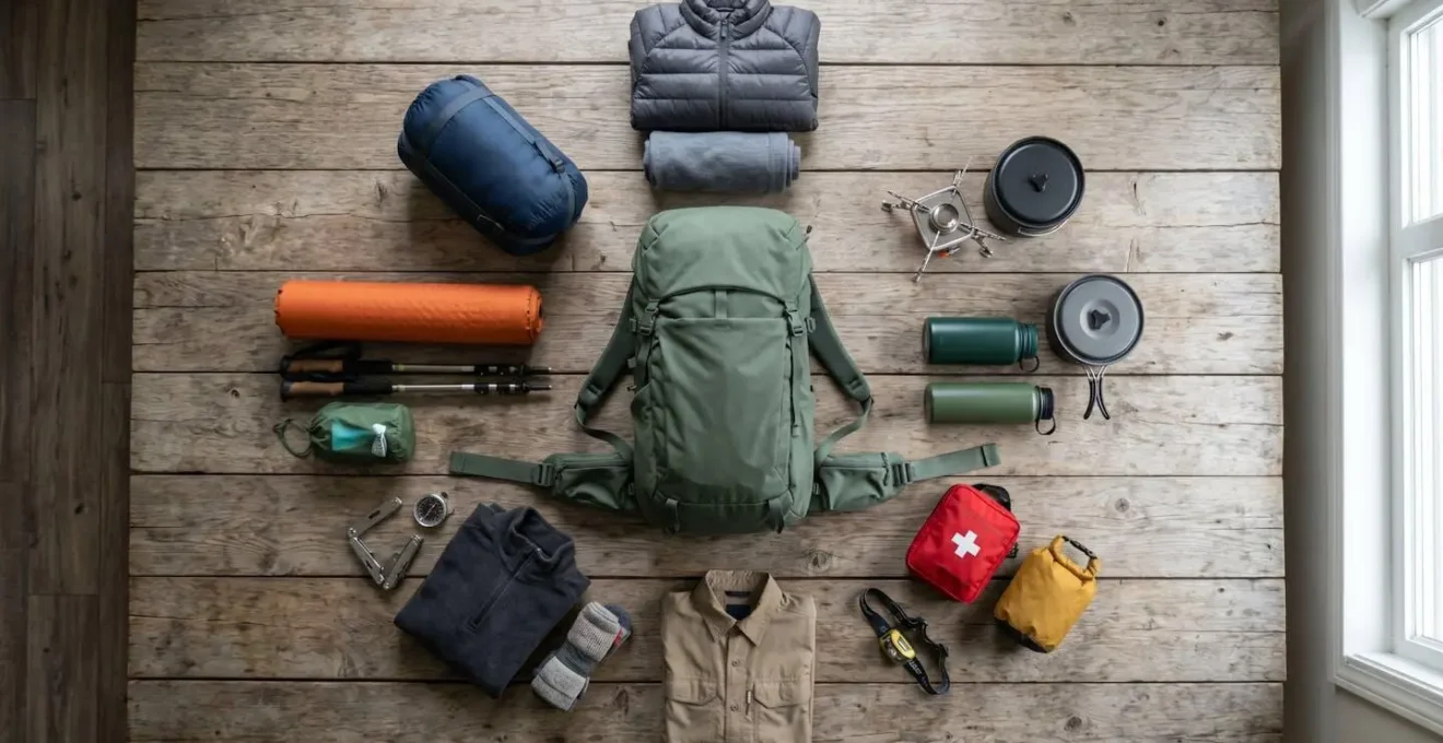 Sistema di preparazione zaino da trekking con attrezzatura disposta per categoria su superficie naturale