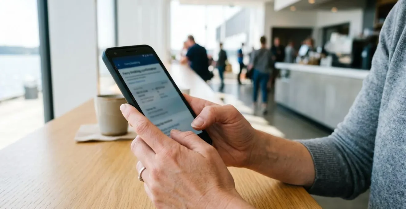 Primo piano di una mano che tiene uno smartphone mostrando una schermata di conferma prenotazione con dettagli completamente sfocati su sfondo luminoso