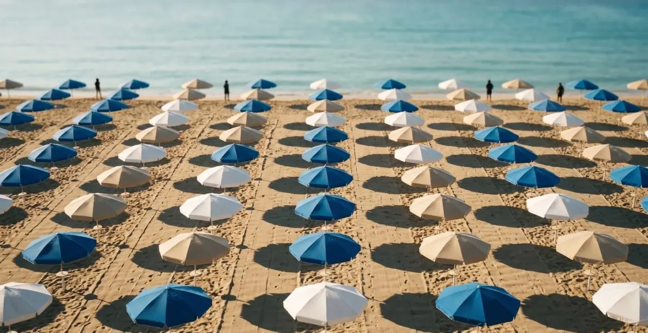 Stabilimento balneare organizzato con file ordinate di ombrelloni e lettini che simboleggiano il turismo di massa ben strutturato
