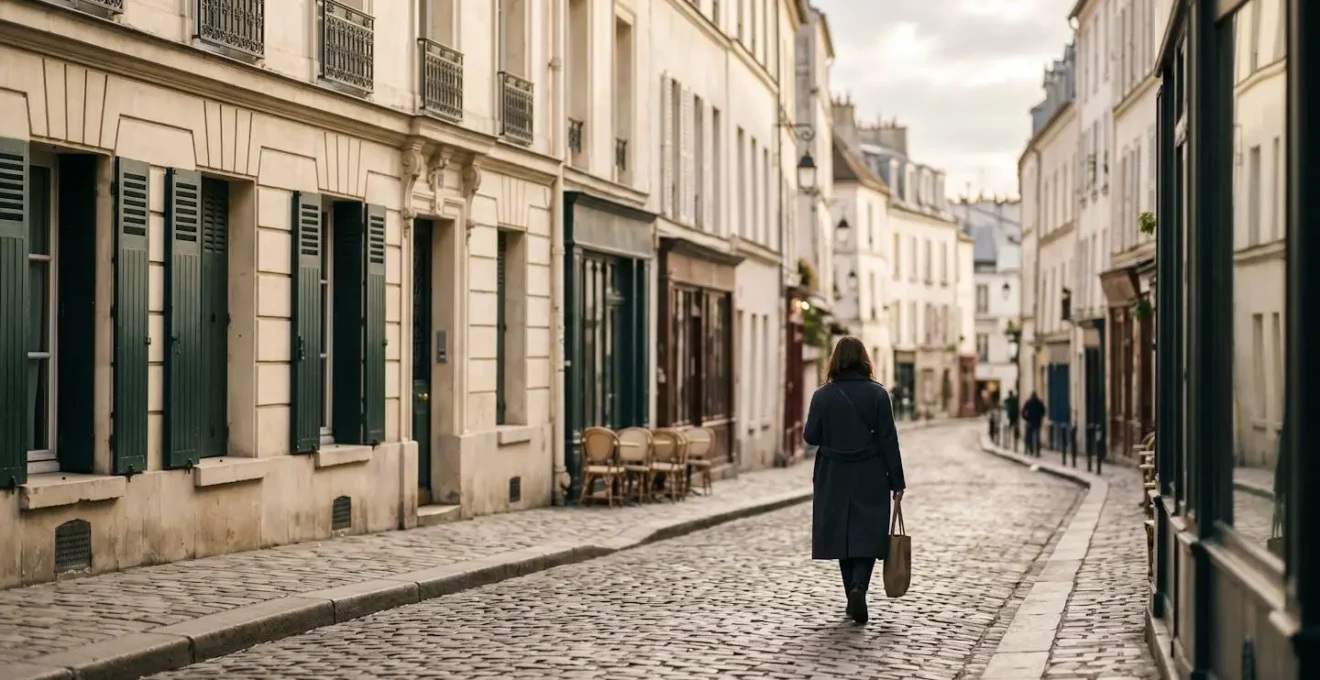 Strada acciottolata di Montmartre al mattino presto con luce naturale soffusa e architettura tipica parigina