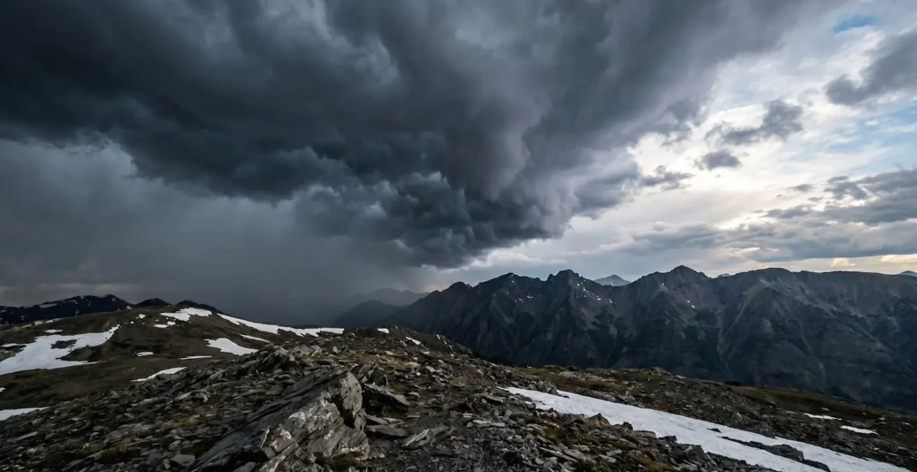 Paesaggio alpino con nuvole scure minacciose che si avvicinano alle vette innevate