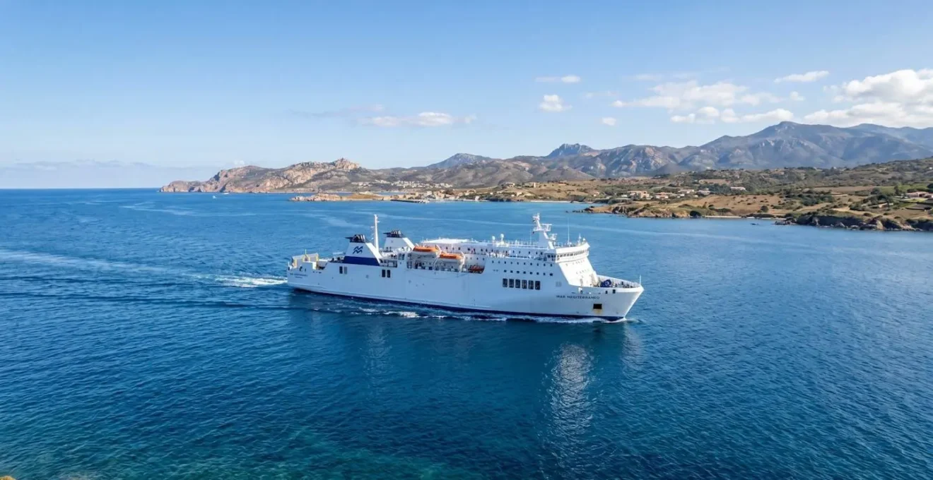 Traghetto bianco Corsica Ferries che naviga nel Mar Mediterraneo sotto un cielo azzurro luminoso