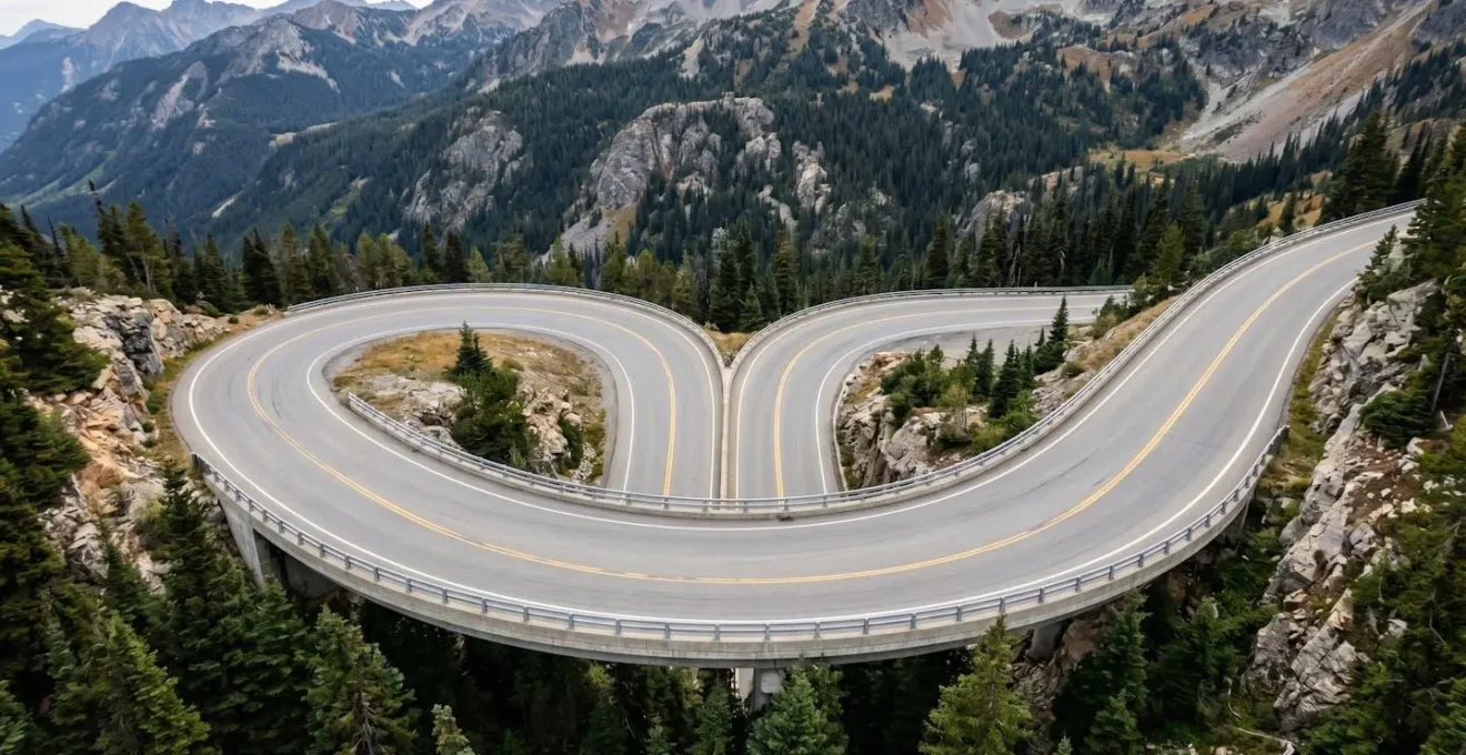 Vista dall'alto di un tornante alpino che mostra la corretta traiettoria all'interno della propria corsia di marcia