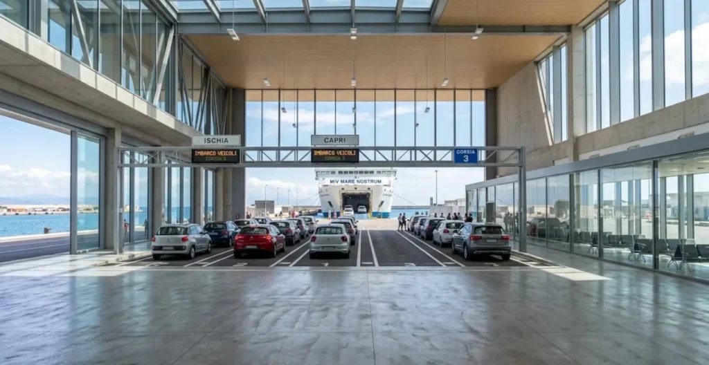 Vista grandangolare dell'interno di un moderno terminal traghetti italiano, architettura contemporanea con grandi finestre luminose, auto in fila organizzata per l'imbarco, ampio spazio vuoto in primo piano